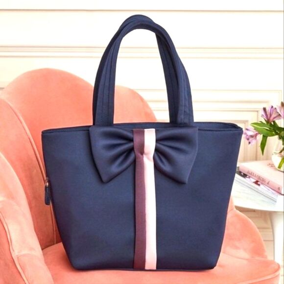 Stella & Dot Neoprene Navy Blue Crush it Bow Accent Stripe Zip Top Large Tote - Picture 1 of 14